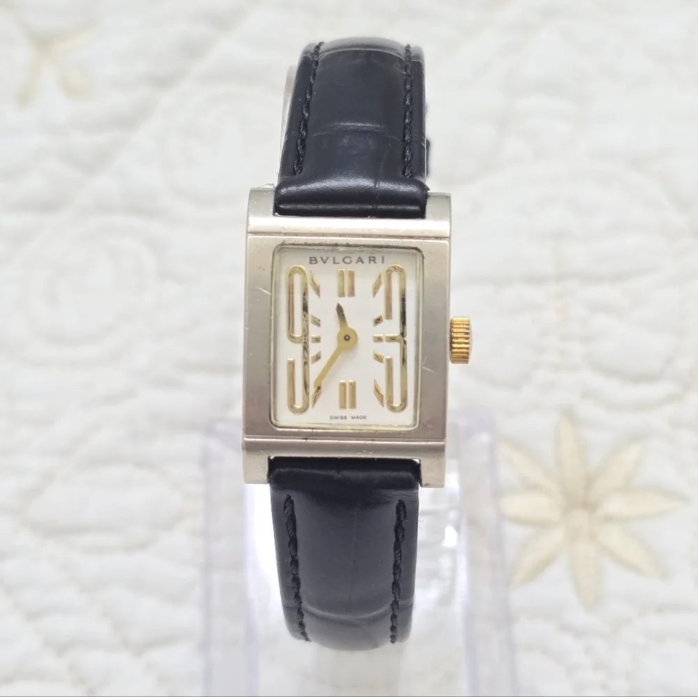 BVLGARI Rettangolo Quartz RT39S Ladies Watch Italian Luxury Black Leather Strap